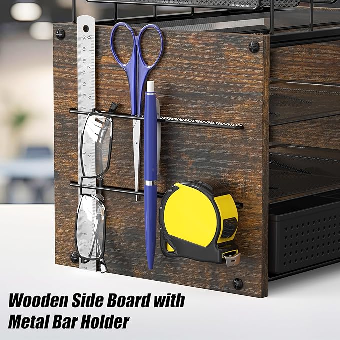Simple Houseware Mesh Desk Organizer with Wooden Side Board and Metal Bars, 3 Shelves and 5 Upright Sections, Rustic Brown
