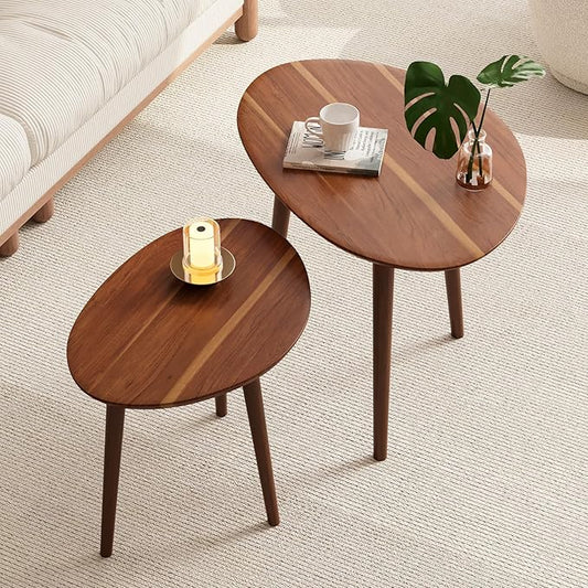 Small Oval Coffee Tables Set,Acacia Wood Tabletop Nesting Tables（25.6"x17.7"+17.7"x13.4" for Living Room Small Spaces Office,Easy Assembly Minimalist Walnut Mid Century Modern Coffee Table
