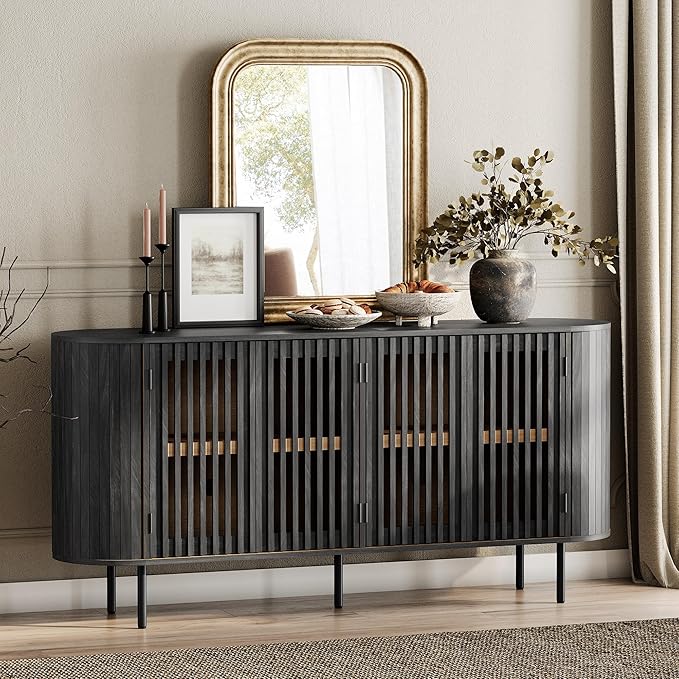 WAMPAT 66" Fluted Sideboard Buffet Cabinet, Wood Storage Cabinet with 4 Doors, Mid Century Modern Credenza for Dining Room, Living Room, Kitchen, Black