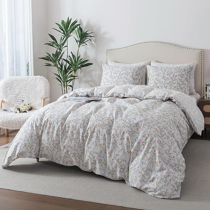 HoneiLife Wildflower Duvet Cover King - 100% Cotton Comforter Cover Sets, 3-PC Soft & Breathable Floral Duvet Cover Sets, Botanical Duvet Cover with Zipper Closure & Corner Ties, Lively Spring