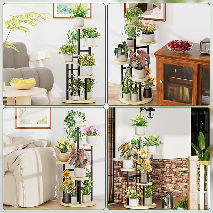 5 Tiers Black Plant Stand Indoor Tall Metal Wood Plant Shelf Outdoor Plant Stands Indoor Plant Table Rack Tiered Plant Stand Garden for Living Room Balcony Patio - RoundLight