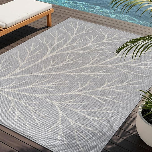 Washable Indoor Outdoor Rug 6x9 Modern Area Rugs Branch Pattern Non Shedding Waterproof Easy Clean Patio Deck Porch Living Room Bedroom Garden RV (6 X 9 Gray)