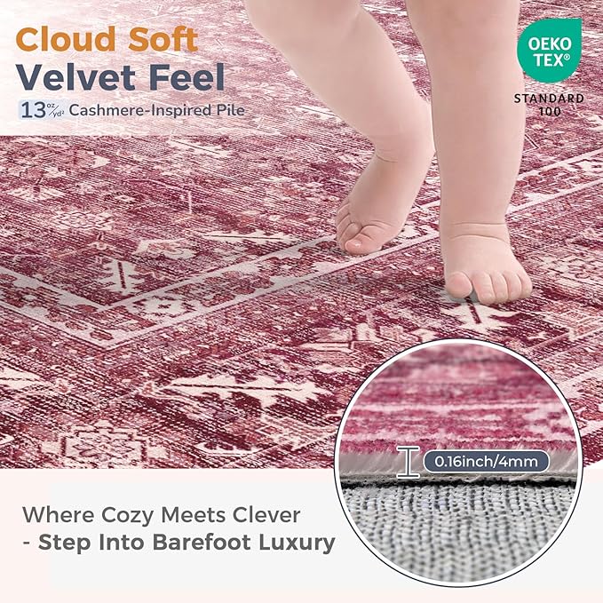 OPPODREAM Vintage Hot Pink Area Rugs 5x7, 5 x 7 Retro Washable Rug Non Slip, Low-Pile Faux Wool Carpet, Distressed Floor Mat for Living Room, Bedroom, Kitchen, Office, Dorm, Dinning Room