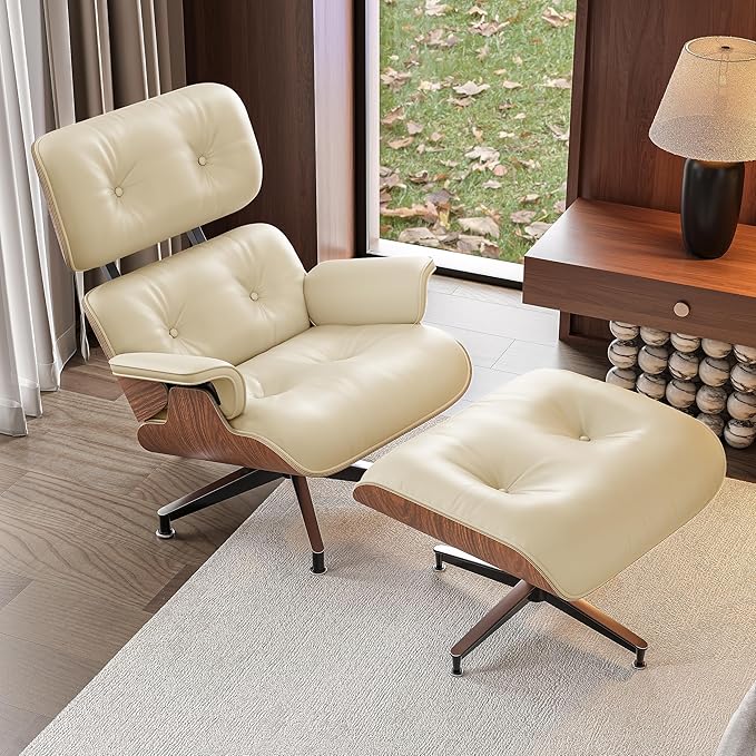 Top Cream White Grain Leather, Mid Century Chaise Lounge Chair and Ottoman, Modern Chair Classic Design, Walnut Wood, Heavy Duty Base Support for Living Room Office