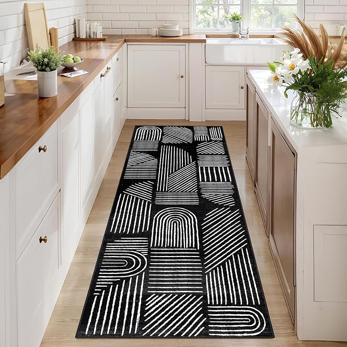 MUJOO 2x6 Runner Rug Washable,Mid Century Modern Abstract Non Slip Low Pile Runner Rug,Black and White Rug for Hallway Kitchen Entryway