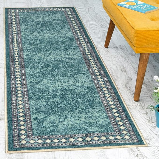 Antep Rugs Alfombras Modern Bordered 2x10 Non-Skid (Non-Slip) Low Profile Pile Rubber Backing Indoor Area Runner Rugs (Blue, 2' x 10')
