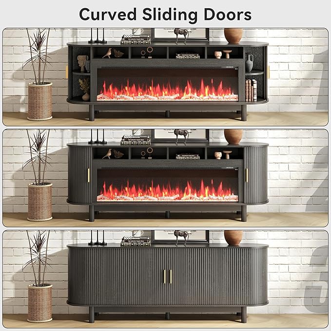 70 Inch Modern Fireplace TV Stand for TVs up to 80 inches, Mid Century TV Console with Solid Wood Legs, Sliding Doors & Curved Design,Media Console for Living Room, Black