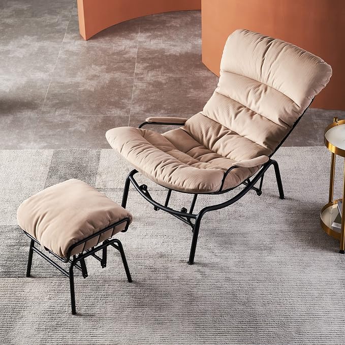 ovios Glider Rocking Chair with Ottoman, Mid-Century Modern Recliner Chair with Footrest, Comfy Gliding Rocker Lazy Accent Armchair for Living Room Bedroom, Cloud Flannel Velvet, Beige