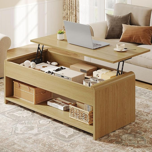 Lift Top Coffee Table, 35'' Multi-Function Coffee Table with Hidden Compartment & Open Shelf, Curved Profile Design, Converts to Home Office Table, Dining Table for Living Room, Natural