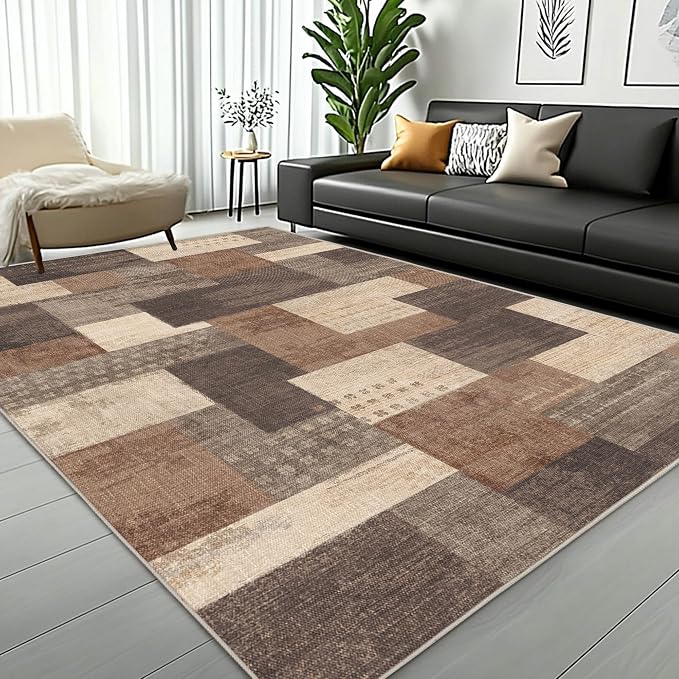 Modern Geometric Patchwork Indoor Area Rug for Living Room, Beige 8'x 10' Large Rug Rockwood Collection Hardwood Floors Decor for Bedroom, Beige Throw Carpet for Office Entryway Dining Room