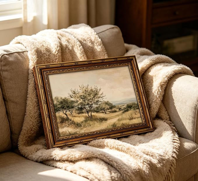Vintage Gold Framed Olive Tree Landscape Wall Art - Retro Country Farmhouse Canvas Prints, Rustic Nature Scene Painting Prints Artwork for Living Room Bedroom Dining Room Decor，12x16in