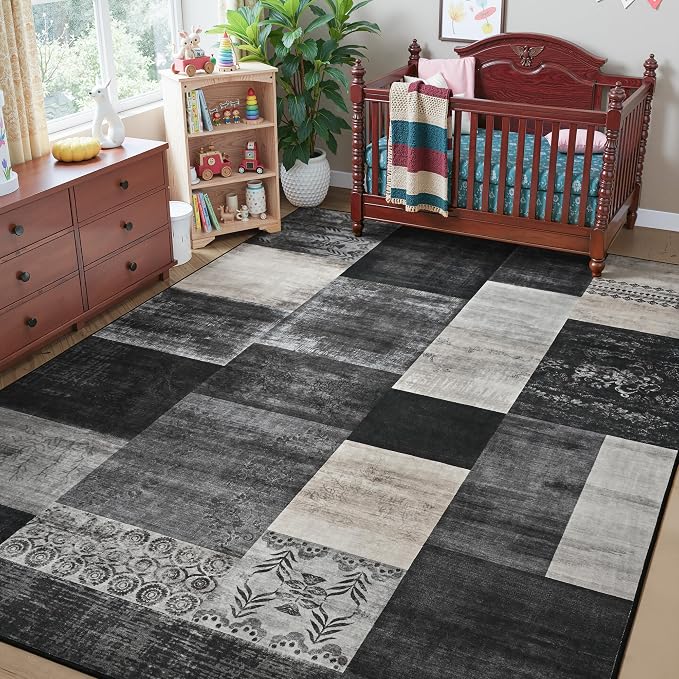 Tepook 8x10 Area Rugs for Living Room, Modern Large Geometric Rug for Bedroom, Washable Patchwork Rug Indoor Non Slip Throw Carpets for Dining Room Office Farmhouse Home Decor, Black and White