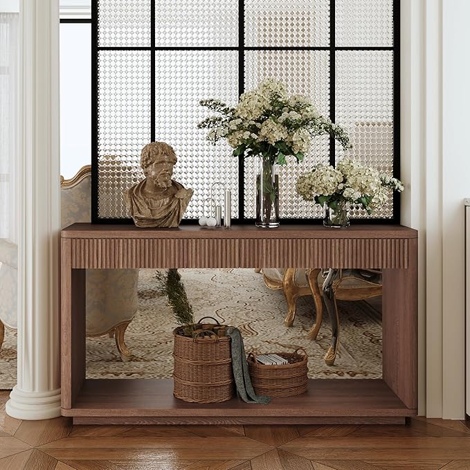 Wood Console Table, 59.8" Retro Long Sofa Table Behind Couch with 2 Fluted Drawers, Farmhouse Wooden Narrow Sofa Table Hall Table for Living Room Foyer Entrance Entryway, Walnut