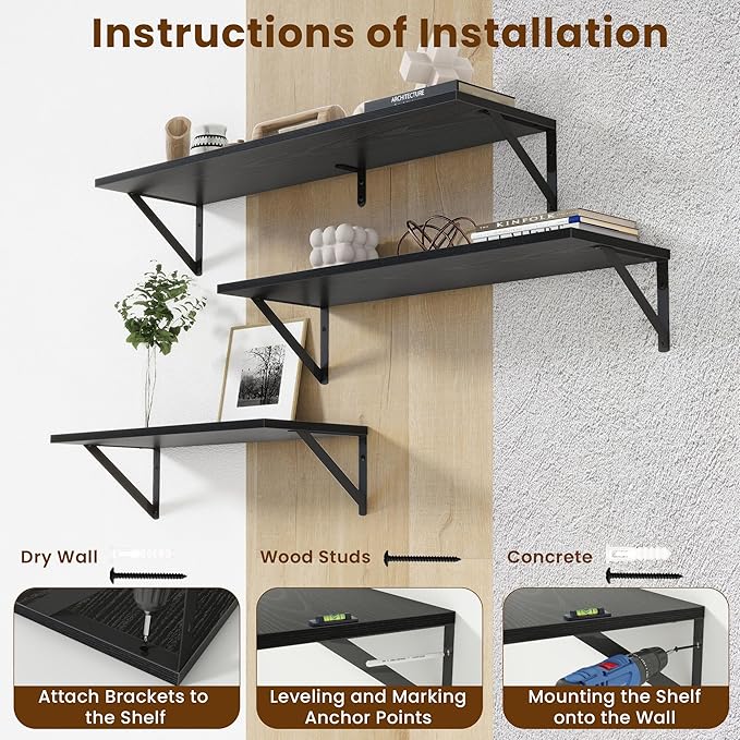 Floating Shelves with Black Metal Brackets Set of 2,30" Wx8 D Wall Mounted Shelves Floating Bookshelf,Hanging Storage Shelf for Living Room,Bedroom,Bathroom,Office,Black