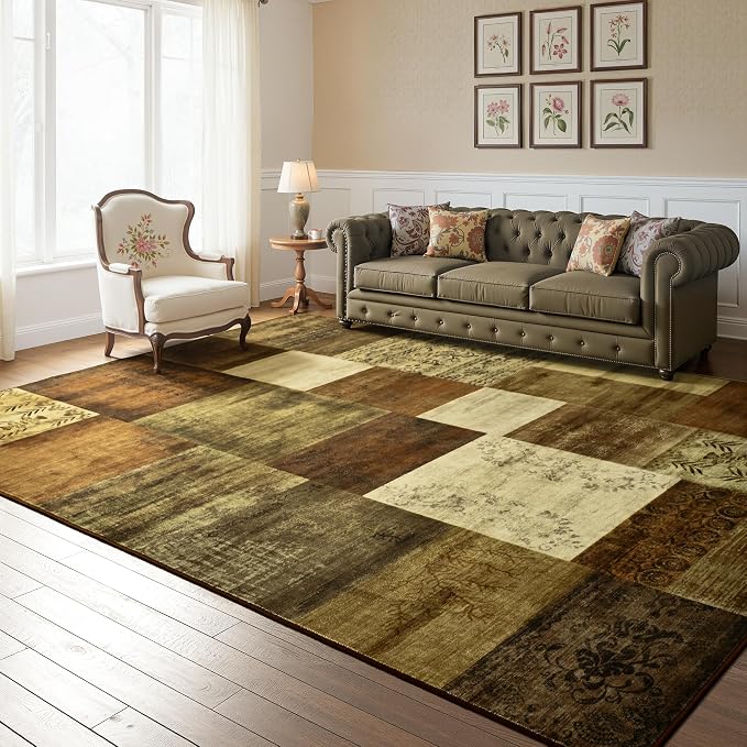 Tepook 8x10 Area Rugs for Living Room, Modern Large Geometric Rug for Bedroom, Washable Patchwork Rug Indoor Non Slip Throw Carpets for Dining Room Office Farmhouse Home Decor, Brown