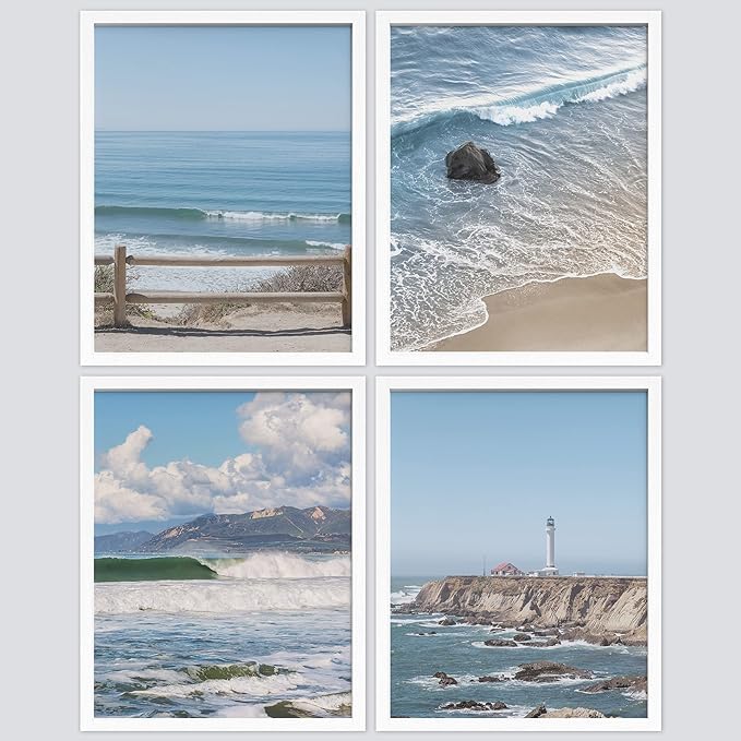 SIGNWIN Framed White Aerial View Blue Ocean Wave Beach Shore Wall Art, Set of 4 Landscape Colorful Wall Decor Prints, Nature Wilderness Wall Décor for Living Room, Bedroom - 8"x10" White