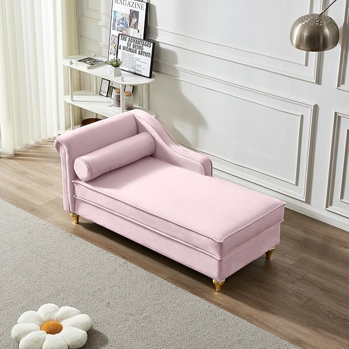 60.6''Velvet Chaise Lounge Indoor, Modern Velvet Lounge Chair with Left Armrest & Lumbar Pillow,Button Tufted Lounge Sofa with Storage for Bedroom, Living Room and Office,Pink