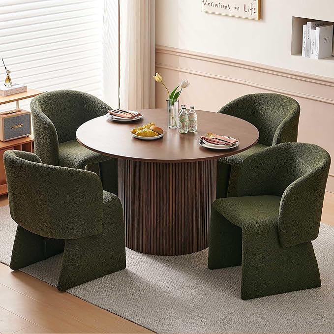 NORDICANA 5-Piece Round Dining Table Set for 4, Rustic 47-Inch Kitchen Table and Chair Set, Dining Set with Dark Green Upholstered Armchairs, Manufactured Wood Top with Walnut Veneer