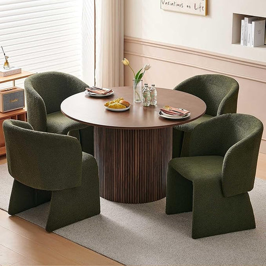 NORDICANA 5-Piece Round Dining Table Set for 4, Rustic 47-Inch Kitchen Table and Chair Set, Dining Set with Dark Green Upholstered Armchairs, Manufactured Wood Top with Walnut Veneer