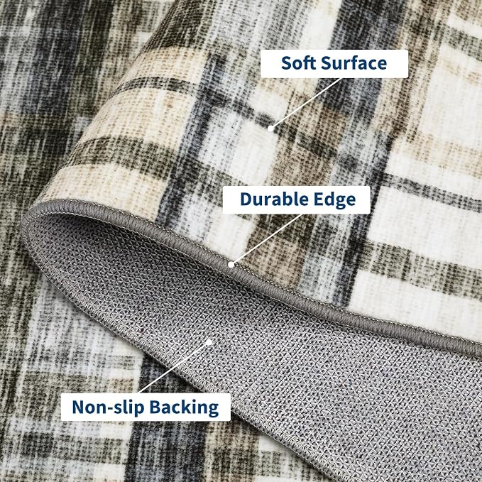 Washable Runner Rug 2x6 Runner Moder Plaid Tartan Non Slip Kitchen Rugs Low Pile Entryway Rug Soft Bathroom Rugs Stain Resistant Carpet for Hallway Laundry 2'x6' Blue&Beige