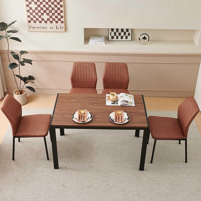 Dining Chairs Set of 4, Brown PU Leather Dining Chairs, Comfortable Upholstered Armless Kitchen Chairs with Black Metal Legs for Living Room, Dining Room, Kitchen