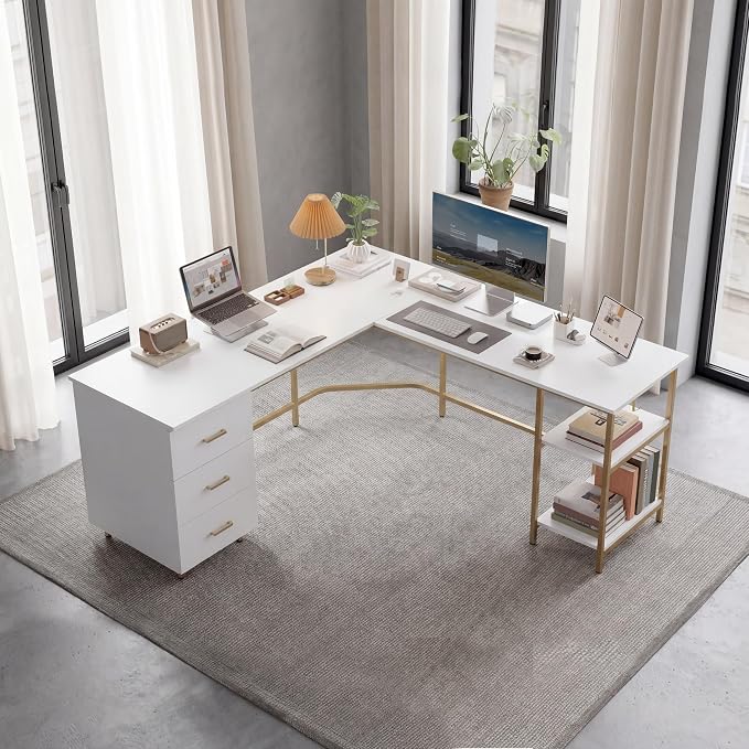 Techni Mobili L Shaped Desk - Two-Toned Computer Desk with Drawers & Storage Shelves - Simple Modern Furniture & Home Office Space Corner Table for Work & Writing