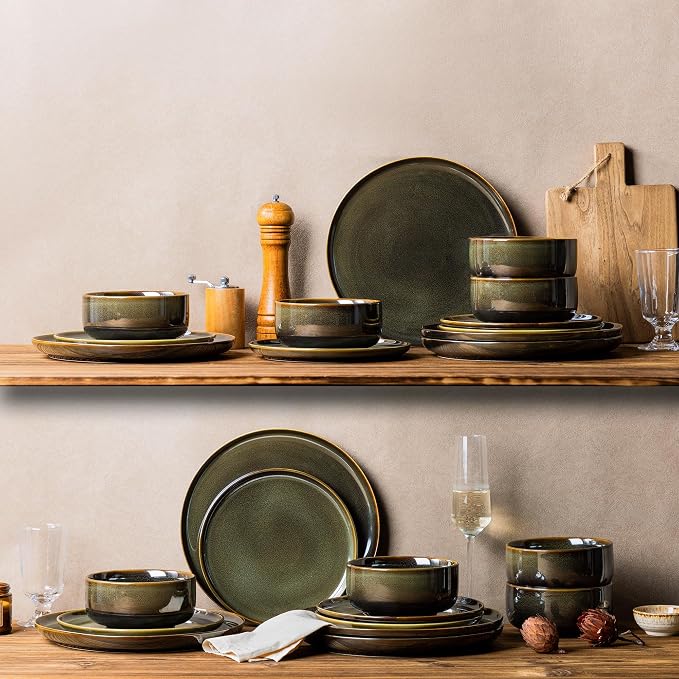 TheTerra Ceramic Dinnerware Sets, Handmade Reactive Glaze Plates and Bowls Set, Scratch Resistant Dish Set, Oven & Microwave & Dishwasher Safe, Sets for 4, Olive Green