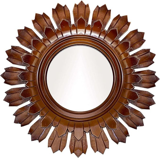 Wooden Wall Mirror, Rustic Wood Frame Mirror for Bathroom, Farmhouse, Bedroom, Entryway and Living Room, Modern Hanging Decorative Wall Mirror (Brown in Sunburst Shape)