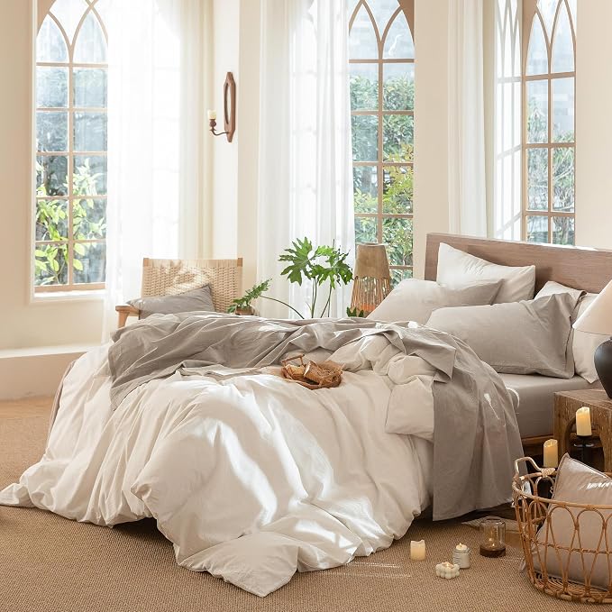 MooMee Bedding Sheet Set 100% Washed Cotton Linen Like Textured Breathable Durable Soft Comfy (Heathered Tannish Linen Grey, Twin XL)