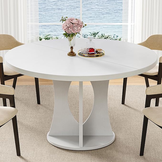 iPormis 47-Inch Round Dining Table for 4-6 People, Circle Dinner Table with Wooden Legs and A Stable Round Pedestal Base, Space Saving Wooden Kitchen and Dining Room Table, White (Table Only)