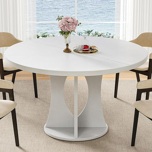 iPormis 47-Inch Round Dining Table for 4-6 People, Circle Dinner Table with Wooden Legs and A Stable Round Pedestal Base, Space Saving Wooden Kitchen and Dining Room Table, White (Table Only)