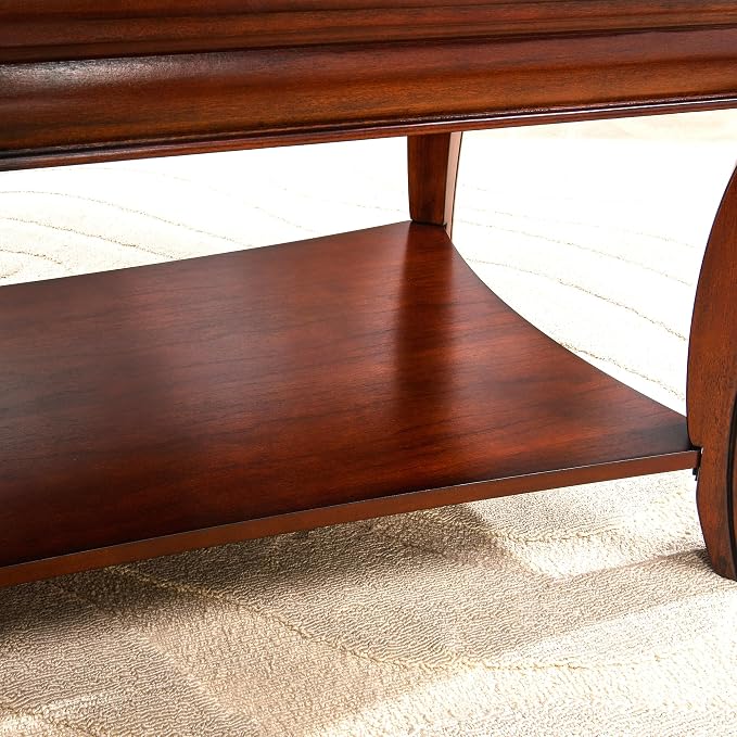 LEEMTORIG Vintage Glass Top Coffee Table for Living Room, 47 inches Rectangular 2-Tier Wood Coffee Tables with Storage Shelf, Traditional Mid Century Queen Anne Style Cocktail Table KFZ-A1168-GT