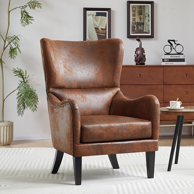 Mid-Century Modern Accent Chairs, 27" Wide Wingback Club Chair with Nailhead Trim, Fabric Reading Living Room Side Chair, Faux Leather Armchair Sofa