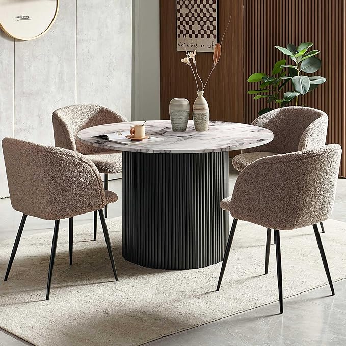 47" Round Wooden Kitchen Dining Table Set for 4, Industrial Breakfast Nook Table Set with Brown Sherpa Barrel Dining Accent Side Chairs for Dining Hall, Two-Part Tabletop, White Marble Look