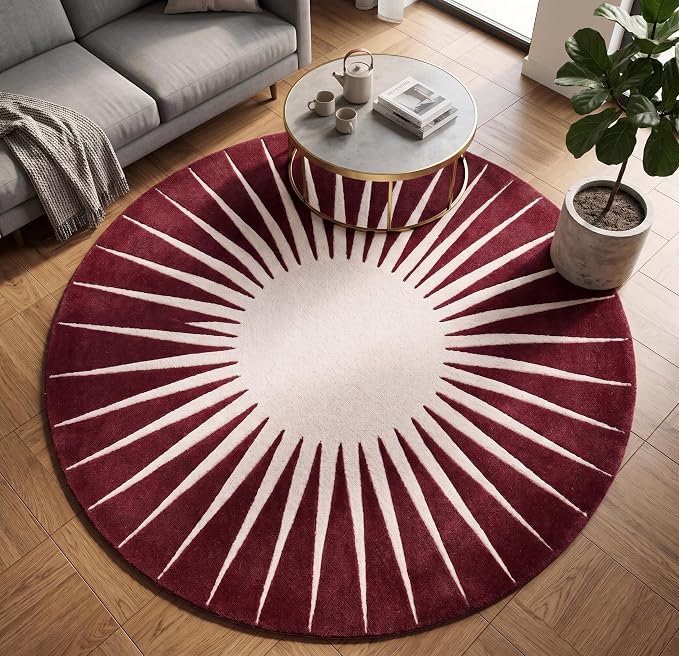 Restoration and Renovation Modern Round Area Rug – Hand-Tufted with 100% NZ Wool, Thick & Soft Circular Carpet for Living Room, Bedroom & Dining Room Decor (Maroon, 8' Round)