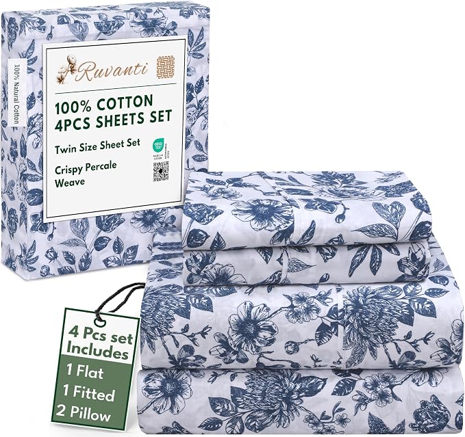 RUVANTI 4 Pcs Cotton Sheets - 100% Natural Cotton Soft, Lightweight & Breathable Crispy Percale Bed Sheets, Twin Sheets Set 16" Deep Pockets, Wild Flower