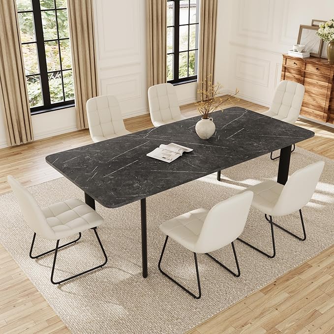 Extendable Dining Table Set for 6-8 People, 63 to 78.7 Inch MDF Kitchen Table with 6 Faux Leather Dining Chairs, Space-Saving for Dining Room, Breakfast Nook (Dark Grey Table & 6 White Leather Chairs)
