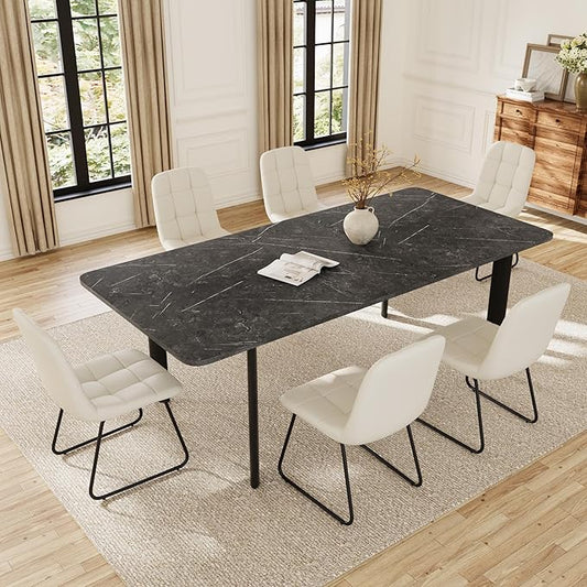 Extendable Dining Table Set for 6-8 People, 63 to 78.7 Inch MDF Kitchen Table with 6 Faux Leather Dining Chairs, Space-Saving for Dining Room, Breakfast Nook (Dark Grey Table & 6 White Leather Chairs)