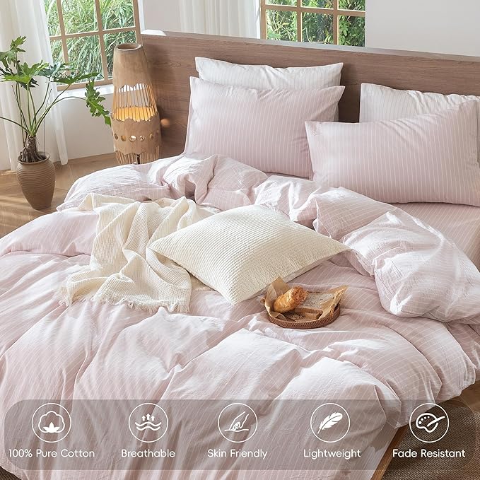 MooMee Striped Duvet Cover Set 100% Washed Cotton Linen Like Textured Breathable Durable Soft Comfy (Heathered Greyish Pink White Wide Stripes, King 104"x90")