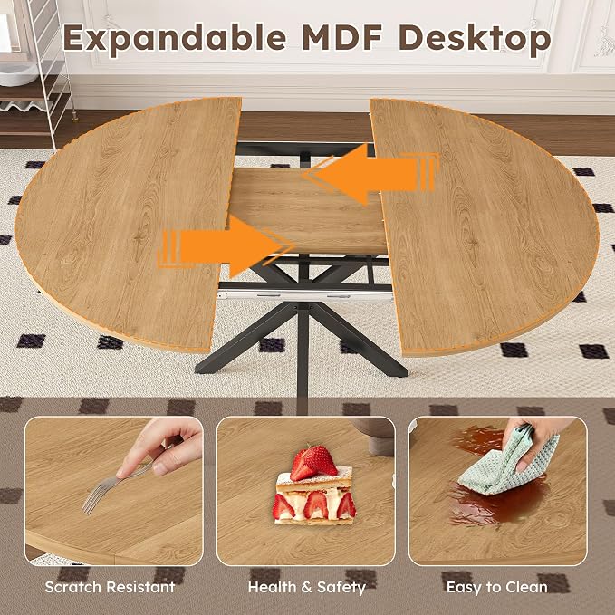 43"-59" Extendable Round Dining Table for 4-6,Mid Century Modern Wood Grain Table,Expandable Kitchen Table for Small Spaces