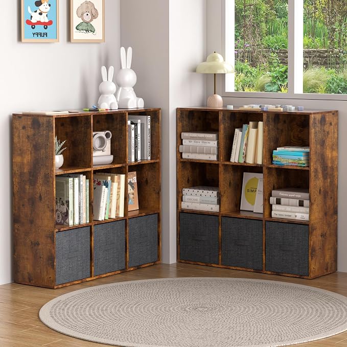 Wooden 9 Cube Storage Organizer with Closed Back Panel,Brown Cube Shelf Cubby Storage Organizers with Compartments for Living,Bookshelf,Organizers Easy to Install (Retro Brown, 9 Cube)