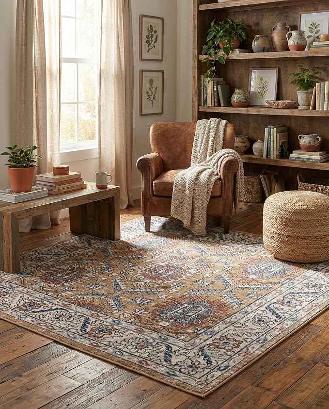 Rugs.com - Nyla Collection Rug – 6 Ft Square Mustard Yellow Stain-Resistant Area Rug – Ideal for Living Rooms, Bedrooms, and Dining Areas