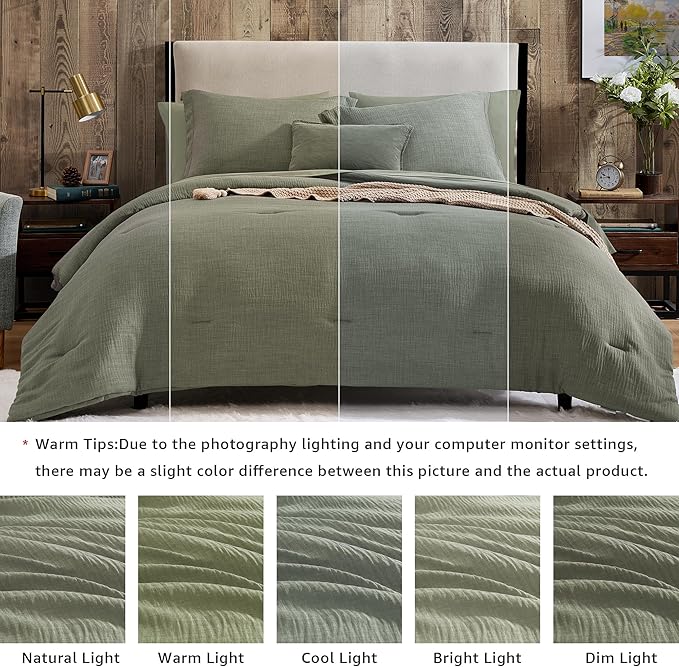Geniospin California King Comforter Set - 7 Pieces Sage Green Cal King Bedding Set, Solid Bed Set for All Season, Textured Bed in a Bag with Flat Sheet and Fitted Sheet, Pillowcases and Shams
