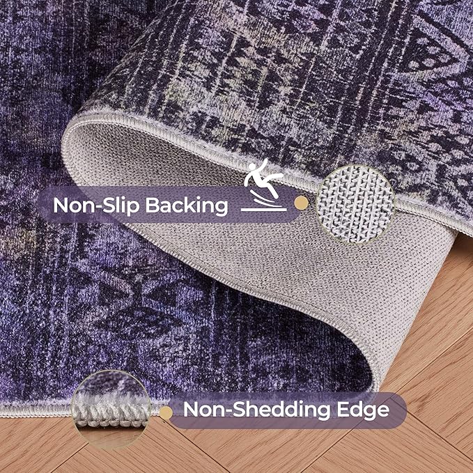 Kokia Abstract Area Rugs 8x10 Bedroom Soft Living Room Rugs Washable Distressed Vintage Comfy Black Purple Carpet with Non-Slip Backing for Farmhouse Home Office Room Decor, Violet and Slate Blue