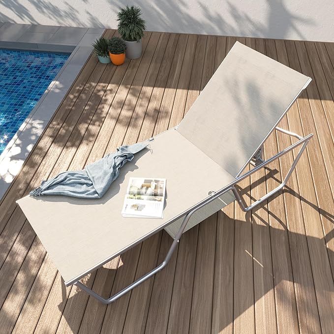 PHI VILLA 78" Oversized Outdoor Chaise Lounge Chair, 27" Extra Wide Foldable, 5-Position Adjustable, UV50+ Textilene Mesh, Rust-Proof Powder-Coated Frame, Khaki Beige