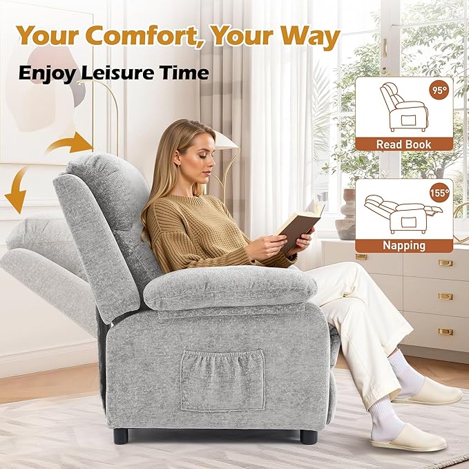 Korser Recliner Chair, Living Room Chairs for Adults, Padded Deep Seat Reading Chair with Side Pockets, Small Recliners for Small Spaces, Lounge Chair for Living Room, Bedroom, and RV (Chenille)
