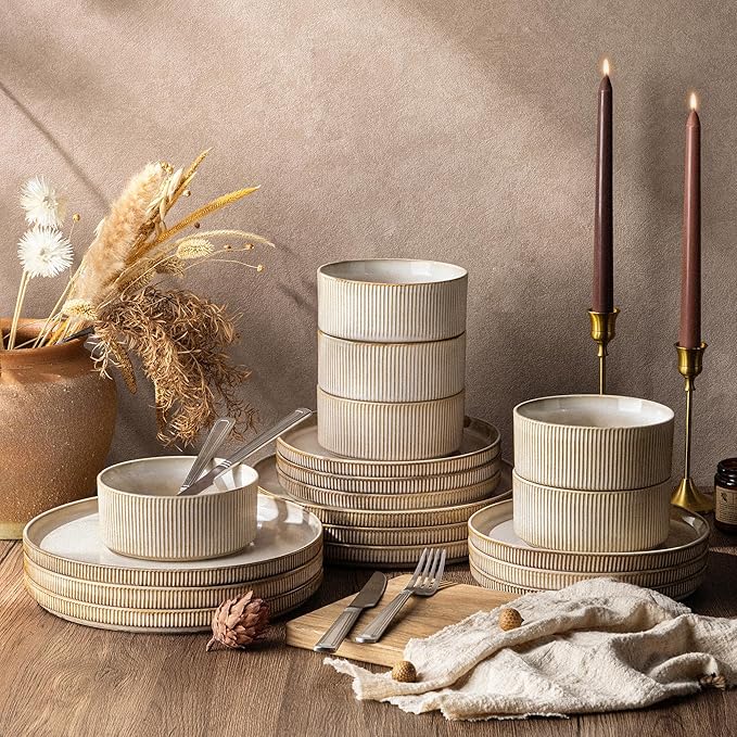 GBHOME 24-Piece Stoneware Dinnerware Set for 8 – Ribbed Ceramic Plates and Bowls, Scratch-Resistant, Microwave & Dishwasher Safe, Reactive Glaze, Cappuccino
