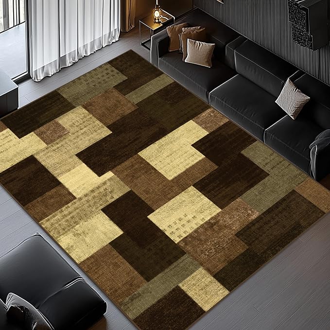 Modern Geometric Patchwork Indoor Area Rug for Living Room, Warm Taupe 8x10 Large Rug Rockwood Collection Hardwood Floors Decor for Bedroom, Taupe Throw Carpet for Office Entryway Dining Room