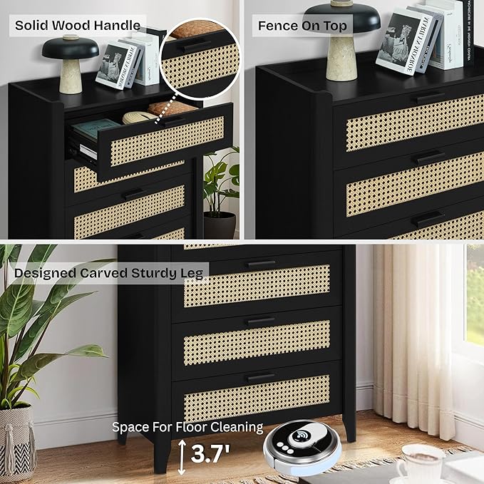 ELISA HOME Rattan-Inspired 5 Drawers Dresser for Bedroom, 47.2" Tall Modern Chest of Drawers, Wood Drawer Organizer for Clothes, Entryway, Hallway, Nursery or Living Room, Black