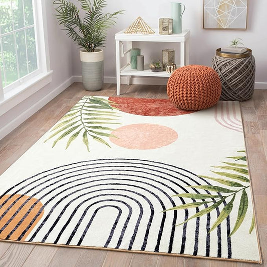 RoomTalks Mid Century Modern Washable Rug, Boho Cute Aesthetic 8x10 Area Rugs Large Carpet for Bedroom Dining Living Room Entryway Office, Contemporary Abstract Leaves Thin Pile Accent Indoor Rug